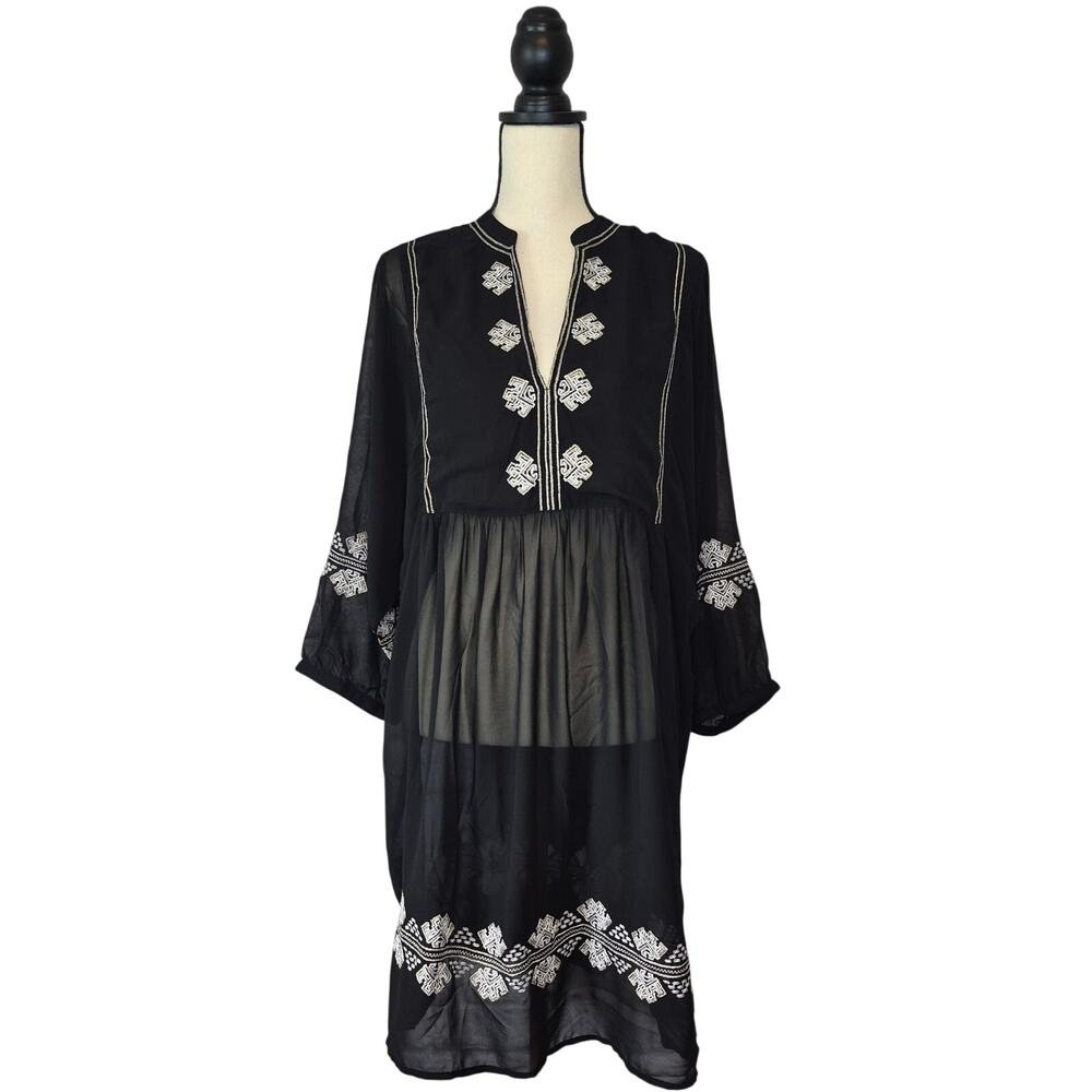 Miraclesuit Shore Leave Beach Swim CoverUp Black White Embroidered Tunic Sz L XL